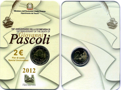 Италия 2 евро 2012 100 лет со дня смерти Джовани Пасколи, запайка, пластик, буклет KM 355 биметалл BUNC 3-4-8-51