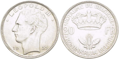 Бельгия 20 франков 1935 Леопольд III (1934-1950) KM 105 серебро 4512-1035