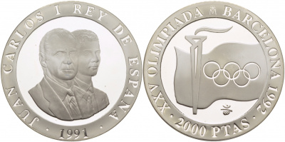 Испания 2000 песет 1991 XXV летние Олимпийские игры 1992 года в Барселоне, флаг, олимпийский огонь KM 887 серебро PROOF 02-112-43
