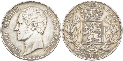 Бельгия 5 франков 1851 Леопольд I (1831-1865), без точки над датой KM 17 серебро 4184-534