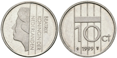 НИДЕРЛАНДЫ 10 ЦЕНТОВ 1999 БЕАТРИКС KM 203 никель 96-564