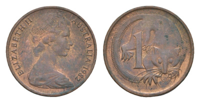 Австралия 1 цент 1982 Елизавета II (1952-2022), молодой портрет, опоссум KM 62 бронза 4655-1222