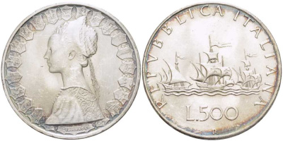 Италия 500 лир 1958 R, корабли Колумба KM 98 серебро 4607-636