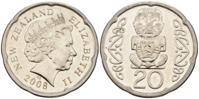 Новая Зеландия 20 центов 2008 Елизавета II (1952-2022), идол Пукаки KM 118а никелированная сталь 4579-1223