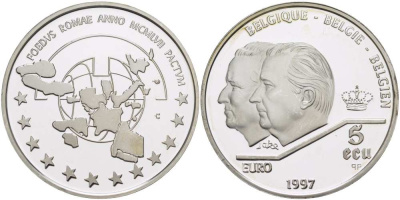 Бельгия 5 экю 1997 40 лет Римскому договору, портреты Альберта II и Бодуэна KM 205 серебро PROOF 1074-9-24