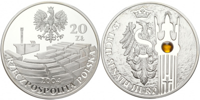 Польша 20 злотых 2004 MW, 15 лет сенату Польши, янтарная вставка KM 504 серебро PROOF 1091-2-41