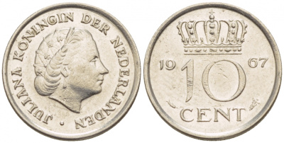 НИДЕРЛАНДЫ 10 ЦЕНТОВ 1967 ЮЛИАНА KM 182 никель 4547-839