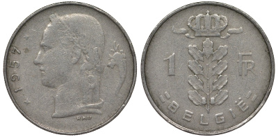 Бельгия 1 франк 1957 BELGIE KM 143 медно-никель 4128-921