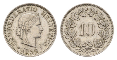 Швейцария 10 раппенов 1955 B KM 27 медно-никель 187-463