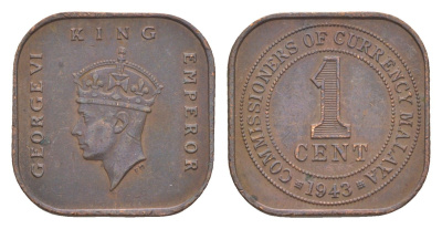 Малайя 1 цент 1943 Георг VI (1936-1952) KM 6 бронза 4613-165
