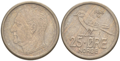 Норвегия 25 эре 1968 Улаф V (1958-1991), синица KM 407 медно-никель 187-763
