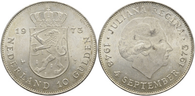 Нидерланды 10 гульденов 1973 25 лет правления королевы Юлианы KM 196 серебро UNC 413-3543
