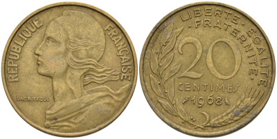 ФРАНЦИЯ 20 САНТИМОВ 1968 ТИП MARIANNE KM 930, LE FRANC 156.8 медь алюминий никель 4573-1041