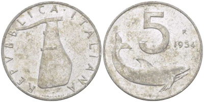 ИТАЛИЯ 5 ЛИР 1954 R, РУЛЬ, ДЕЛЬФИН KM 92 алюминий 175-117