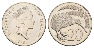 Новая Зеландия 20 центов 1987 Елизавета II (1952-2022), птичка киви KM 62 медно-никель UNC 4671-535