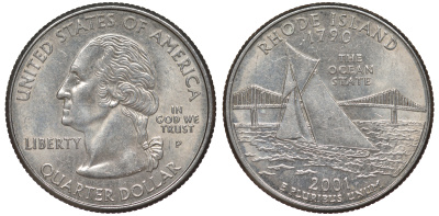США 25 центов = квотер 2001 Р, серия штаты США, Род-Айленд KM 320 медь плакированная медно-никелем 4538-1225