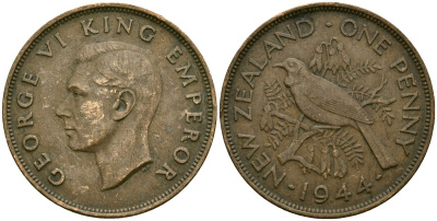 Новая Зеландия 1 пенни 1944 Георг VI (1936-1952), новозеландский туи KM 13 бронза 4165-1235