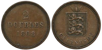 Гернси 2 дабла (дубля) 1868 KM 9 бронза 650-544
