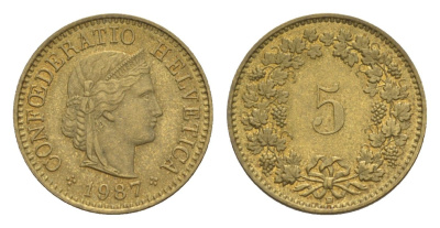 Швейцария 5 раппенов 1987 B KM 26c алюминиевая бронза 4611-1259