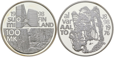 Финляндия 100 марок 1998 100 лет со дня рождения Алвар Аалто, архитектор, тираж 4000 экземпляров KM 87 серебро  PROOF  1095-2-51