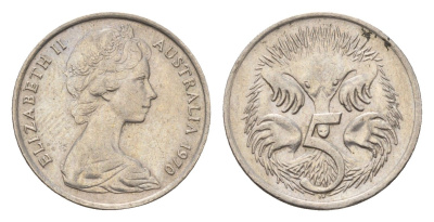 Австралия 5 центов 1970 Елизавета II (1952-2022) молодой портрет, ехидна KM 64 медно-никель 4669-1163