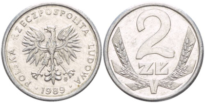Польша 2 злотых 1989 MW, Народная Республика KM 80.3, Parchimowicz 219a алюминий 4528-819