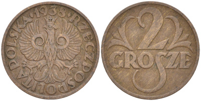 ПОЛЬША 2 ГРОША 1938 w KM 9а бронза 4516-1022