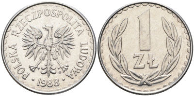 Польша 1 злотый 1988 MW, Народная Республика KM 49.2, Parchimowicz 214c алюминий 4388-613