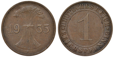 Германия 1 рейхспфенниг 1935 F KM 37, J. 313 бронза 4124-131