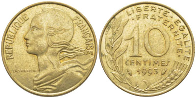 ФРАНЦИЯ 10 САНТИМОВ 1993 ТИП MARIANNE KM 929, LE FRANC 144.35 медь алюминий никель 116-429
