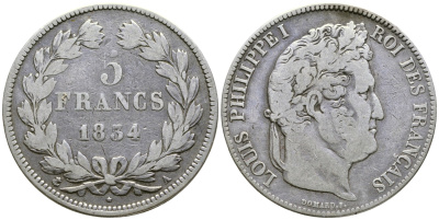 Франция 5 франков 1834 А, Луи Филипп I (1830-1848) KM 749.1 серебро 79-1015
