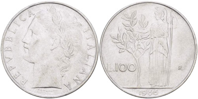 ИТАЛИЯ 100 ЛИР 1966 R, АФИНА KM 96.1 нержавеющая сталь 4526-321