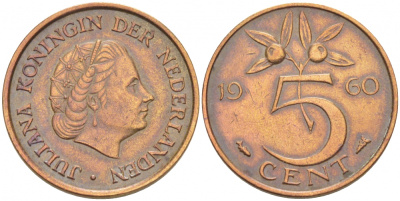 НИДЕРЛАНДЫ 5 ЦЕНТОВ 1960 ЮЛИАНА KM 181 бронза 3718-353
