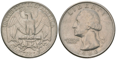 США 25 центов = квотер 1988 P, Вашингтон KM 164a медь плакированная медно-никелем 4595-1233