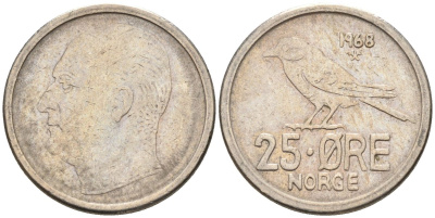 Норвегия 25 эре 1968 Улаф V (1958-1991), синица KM 407 медно-никель 4580-1037