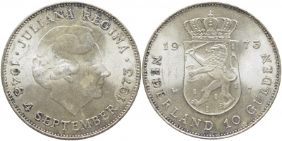 Нидерланды 10 гульденов 1973 25 лет правления королевы Юлианы KM 196 серебро 3896-1211