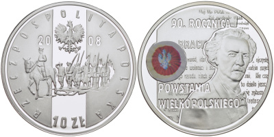 Польша 10 злотых 2008 MW, 90 лет Великопольского восстания, Игнаций Ян Падеревский, цветная эмаль KM 661 серебро PROOF 06-245-46