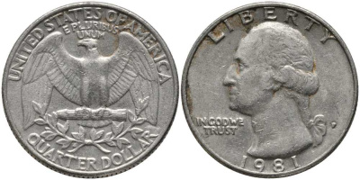 США 25 ЦЕНТОВ = КВОТЕР 1981 P, ВАШИНГТОН KM А164а медь плакированная медно-никелем 113-526