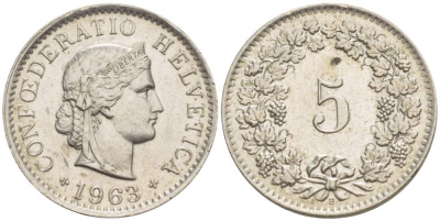 ШВЕЙЦАРИЯ 5 РАППЕНОВ 1963 В KM 26 медно-никель 4532-954