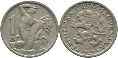 Чехословакия 1 крона 1922 женщина со снопом и серпом KM 4 медно-никель 4610-724