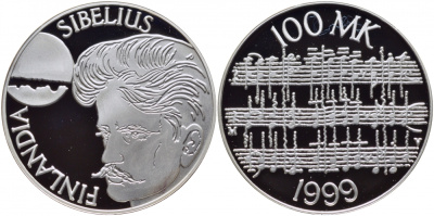 Финляндия 100 марок 1999 P-V-N, Ян Сибелиус, композитор KM 89 серебро PROOF 00-00