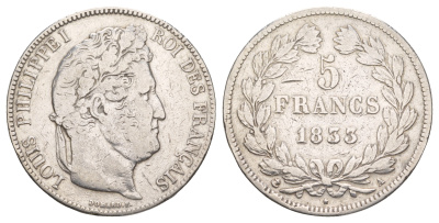 Франция 5 франков 1833 A, Луи-Филипп I (1830-1848) KM 749.1 серебро 1520-914