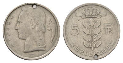 Бельгия 5 франков 1950 Belgique, Леопольд III (1934-1951) KM 134 медно-никель 190-244