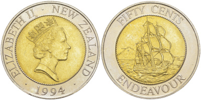 Новая Зеландия 50 центов 1994 Елизавета II (1952-2022), парусник Индевор KM 90 биметалл UNC 1522-1344