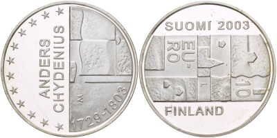 Финляндия 10 евро 2003 200 лет со дня смерти Андерса Чудениуса KM 110 серебро PROOF 1088-5-52