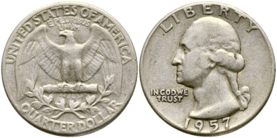 США 25 центов = квотер 1957 Вашингтон KM 164 серебро 4388-414