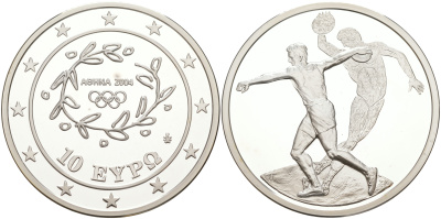 Греция 10 евро 2003 XXVIII летние Олимпийские игры 2004 года в Афинах, метание диска, дискобол KM 191 серебро PROOF 1074-9-32