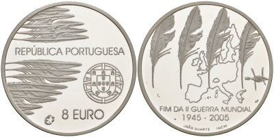Португалия 8 евро 2005 60 лет окончания 2-ой мировой войне KM 773а серебро PROOF 11-167-31