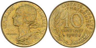 Франция 10 сантимов 1989 тип Marianne KM 929, le Franc 144.29 алюминиевая бронза 4390-113