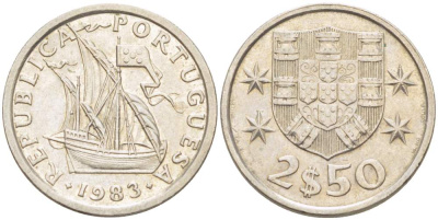 Португалия 2,5 эскудо 1983 парусник KM 590 медно-никель 4523-1115